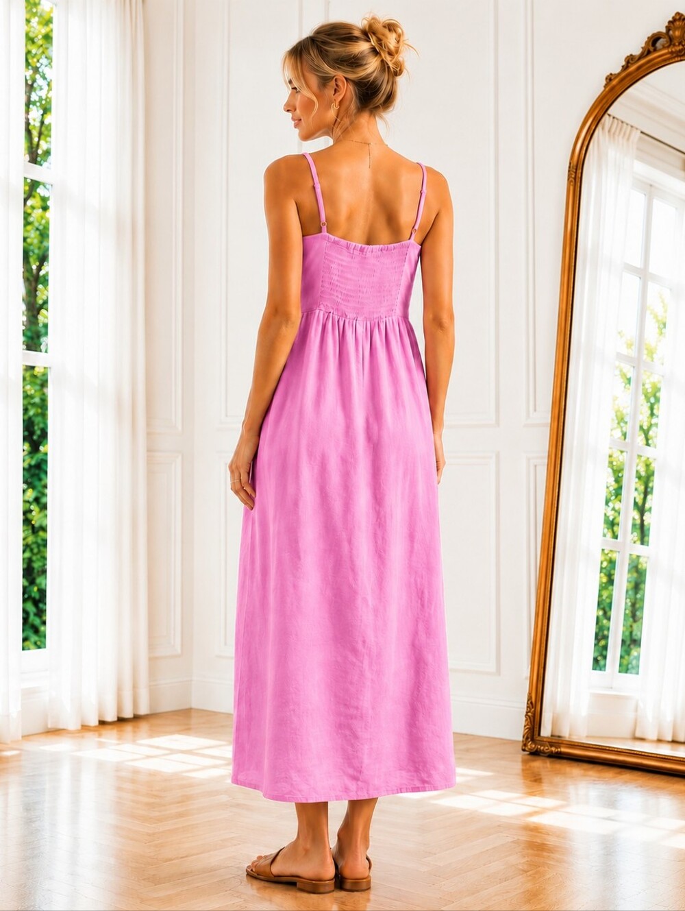 🌸 Universal Thread | Linen Blend Tie Front Midi Dress | Size Small -Fully Lined - Picture 2 of 8